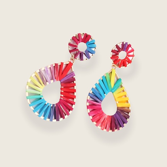 "Myla" Bohemian Multicolor Grass Festival Party Teardrop Circle Summer Earrings - Picture 3 of 6